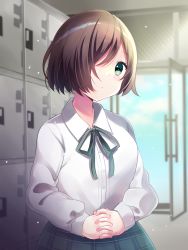 Rule 34 | 1girl, bad id, bad pixiv id, blue sky, blush, brown hair, closed mouth, cloud, collared shirt, commentary request, day, dress shirt, getabako, glass door, green ribbon, green skirt, hair over one eye, highres, indoors, looking at viewer, minami saki, neck ribbon, open door, original, plaid, plaid skirt, ribbon, shirt, short hair, skirt, sky, solo, standing, white shirt