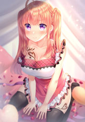 Rule 34 | 1girl, ahoge, blush, breasts, candy, chocolate, chocolate heart, chocolate on body, chocolate on breasts, closed mouth, dress, eyes visible through hair, food, food on body, hair ornament, happy, heart, highres, hose, looking at viewer, medium breasts, moe2021, multicolored background, orange hair, original, petals, pink dress, purple eyes, shizuki aya, short hair, smile, solo, thighhighs, twintails, valentine