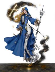 Rule 34 | 1girl, absurdres, arm at side, blonde hair, cross, embers, full body, gloves, gold trim, grey footwear, highres, holding, holding polearm, holding weapon, hood, jewelry, long hair, long sleeves, magic circle, mucuzi, necklace, polearm, ring, smoke, solo, very long hair, weapon, white background, white gloves, white legwear