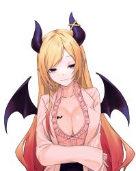 Rule 34 | 1girl, absurdres, alternate eye color, bat wings, black skirt, blonde hair, blue eyes, breast tattoo, breasts, center frills, cleavage, closed mouth, coat, demon girl, demon horns, demon wings, frilled shirt, frills, gradient hair, hair ribbon, heart, highres, hololive, horn ornament, horn ring, horns, lab coat, large breasts, miniskirt, multicolored hair, ocha (ocha illust), open clothes, open coat, pencil skirt, pink hair, pink shirt, pointy ears, ribbon, shirt, single sidelock, skirt, solo, tattoo, tress ribbon, virtual youtuber, winged heart, winged heart tattoo, wings, yuzuki choco, yuzuki choco (1st costume)