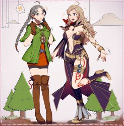 Rule 34 | 2girls, alternate costume, artist request, bike shorts, blonde hair, blue eyes, boots, braid, breasts, cia (hyrule warriors), cia (hyrule warriors) (cosplay), cia (zelda musou) (cosplay), compass, cosplay, costume, crossover, fire emblem, fire emblem fates, grey hair, high heels, hyrule warriors, jewelry, linkle, linkle (cosplay), multiple girls, nao (pixiv 5120470), navel, nina (fire emblem), nintendo, ophelia (fire emblem), props, short shorts, shorts, the legend of zelda, theater, thigh boots, thighhighs