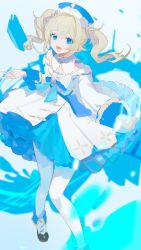 Rule 34 | 1girl, barbara (genshin impact), blonde hair, blue eyes, boots, bow, detached sleeves, dress, dress bow, drill hair, genshin impact, hat, highres, long hair, looking at viewer, makagi2, open mouth, pantyhose, simple background, solo, twin drills, twintails, white dress, white pantyhose