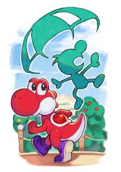 Rule 34 | 2boys, alternate color, animal, blue sky, cloud, game &amp; watch, hungry clicker, looking at another, looking to the side, mario (series), mr. game &amp; watch, multiple boys, nintendo, parachute, saddle, sky, super mario world 2: yoshi&#039;s island, super smash bros., walking, yoshi