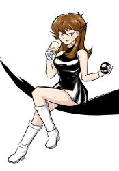 Rule 34 | 1girl, alcohol, armpits, artist request, bare shoulders, black dress, blue eyes, boots, breasts, brown hair, clenched hands, creatures (company), cup, dress, drinking glass, eyelashes, female focus, full body, game freak, glass, gloves, green (pokemon), half-closed eyes, hands up, high heel boots, high heels, highres, holding, holding poke ball, holding wine glass, knee boots, knee up, legs, long hair, looking at viewer, luxury ball, medium breasts, neck, nintendo, parted bangs, poke ball, pokemon, pokemon adventures, shiny clothes, shiny skin, short dress, side slit, sidelocks, simple background, sitting, sleeveless, sleeveless dress, sleeveless turtleneck, thighs, tight clothes, tight dress, turtleneck, turtleneck dress, white background, white footwear, white gloves, wine glass