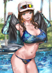 Rule 34 | 1girl, bikini, blue bikini, breasts, brown hair, cowboy shot, eyewear on headwear, green eyes, hands up, hat, highres, jacket, large breasts, long hair, long sleeves, multicolored clothes, multicolored jacket, navel, no pants, open clothes, open jacket, original, outdoors, ran&#039;ou (tamago no kimi), smile, solo, sports sunglasses, sunglasses, swimsuit, thighs, two-tone jacket, underboob, water, white hat