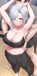 Rule 34 | 1boy, 1girl, absurdres, akchu, arms up, barefoot, behind another, black pants, black sports bra, blue eyes, breasts, genshin impact, grey hair, hair over one eye, highres, large breasts, navel, pants, parted lips, shenhe (genshin impact), sports bra, stomach, yoga pants