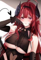 Rule 34 | azur lane, bad link, bare shoulders, black gloves, black horns, center frills, clothing cutout, curled horns, demon girl, demon horns, elbow gloves, frills, gloves, heart, heart cutout, heart tail, highres, hindenburg (azur lane), horns, looking at viewer, navel cutout, purple eyes, red hair, slit pupils, suimo (suimodayo), tail, underboob cutout, upper body