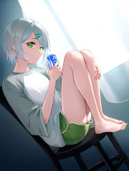 Rule 34 | 1girl, absurdres, barefoot, can, chair, curtains, dolphin shorts, feet on chair, full body, green eyes, green shorts, grey hair, grey shirt, hair ornament, hairclip, highres, hinomori shiho, holding, holding can, indoors, long sleeves, looking at viewer, pocari sweat, project sekai, shirt, short hair, shorts, sidelocks, sitting, sjuno, solo