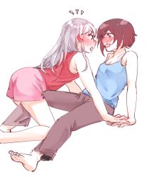 Rule 34 | 2girls, ^^^, bare shoulders, barefoot, blue eyes, blush, breasts, brown eyes, brown hair, chadolbaegi, cleavage, eye contact, face-to-face, hand on hand, long hair, looking at another, multiple girls, open mouth, pants, pink shorts, ruby rose, rwby, short hair, shorts, silver hair, small breasts, tank top, thigh straddling, weiss schnee, yuri