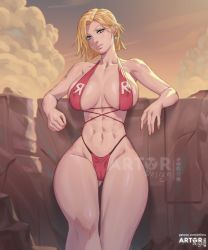 Rule 34 | abs, against wall, android 18, aqua eyes, artist name, arttoru, bare shoulders, bikini, breasts, breasts apart, cameltoe, cleft of venus, clothes writing, collarbone, commentary, covered erect nipples, dragon ball, dragonball z, earrings, gluteal fold, hair behind ear, halterneck, head tilt, highleg, highleg bikini, highres, huge breasts, jewelry, knees up, lips, looking at viewer, medium hair, narrow waist, navel, nose, red bikini, skindentation, swimsuit, thick thighs, thighs, toned, watermark, wide hips