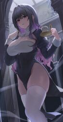Rule 34 | 1girl, absurdres, black dress, blush, breasts, candle, dress, habit, highres, holding, large breasts, long hair, long sleeves, looking at viewer, momimi, nun, original, parted lips, pelvic curtain, purple eyes, purple hair, solo, thighhighs, thighs, white thighhighs, wrist cuffs