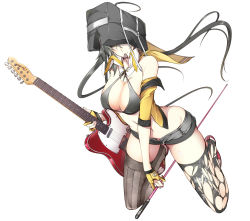 Rule 34 | 1girl, ahoge, bag on head, bare shoulders, bikini, bikini top only, biting, black thighhighs, breasts, capelet, character request, cleavage, copyright request, electric guitar, female focus, fender (company), fender telecaster, fingerless gloves, gloves, grey hair, guitar, instrument, jacket, large breasts, long hair, looking at viewer, nanao (mahaya), navel, plectrum, short shorts, shorts, smile, solo, swimsuit, thighhighs, torn clothes, torn thighhighs, white background, yellow eyes