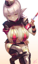 Rule 34 | 1girl, arm under breasts, bikini, bikini top only, boots, braid, braided ponytail, breasts, closed mouth, elbow gloves, fate/grand order, fate (series), florence nightingale (fate), florence nightingale (trick or treatment) (fate), folded ponytail, garter straps, gloves, gradient background, hat, highres, holding, holding syringe, large breasts, latex, latex gloves, latex legwear, microskirt, nurse, nurse cap, official alternate costume, on one knee, panties, pantyshot, pink eyes, pink hair, shrug (clothing), signature, skindentation, skirt, solo, squatting, swimsuit, syringe, thigh boots, thighhighs, underwear, uo denim