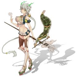 Rule 34 | 10s, 1girl, antlers, asymmetrical hair, bare shoulders, braid, breasts, brown thighhighs, character name, cleavage cutout, clothing cutout, cloud print, crop top, full body, hair ornament, horns, kantai collection, large breasts, long hair, looking at viewer, macha, midriff, miniskirt, navel, shikigami, silver hair, simple background, single braid, skirt, smile, solo, staff, thighhighs, unryuu (kancolle), very long hair, yellow eyes, zettai ryouiki