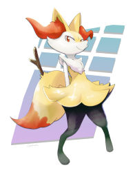 absurdres animal_ear_fluff arms_behind_back braixen closed_mouth commentary_request creatures_(company) digitigrade full_body furry game_freak gen_6_pokemon highres legs_apart looking_to_the_side nintendo orange_eyes pigeon-toed pokemon pokemon_(creature) signature smile solo standing stick white_fur zigrock