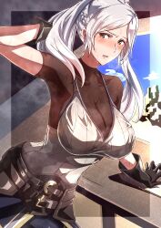 Rule 34 | 1girl, absurdres, blush, bodystocking, breasts, brown eyes, cleavage, clenched hand, fire emblem, fire emblem awakening, gloves, grey hair, highres, large breasts, long hair, looking at viewer, nintendo, open mouth, robin (female) (fire emblem), robin (fire emblem), short sleeves, solo, to (tototo tk), twintails, white hair