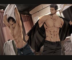 Rule 34 | 2boys, abs, artist name, bara, bare pectorals, belt, black hair, burn scar, cidolfus telamon, cigarette, clive rosfield, closed eyes, clothes hanger, commentary, contemporary, cowboy shot, denim, earrings, english commentary, facial hair, final fantasy, final fantasy xvi, grey hair, groin, highres, indoors, jeans, jewelry, letterboxed, list, looking at another, male focus, multiple boys, nipples, open belt, open fly, pants, pectorals, sakurai shushushu, scar, scar on face, shirt, short hair, sideburns, smoking, stubble, toned, toned male, undressing, white shirt