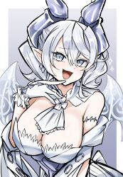 Rule 34 | 1girl, absurdres, blush, breasts, cleavage, collar, demon girl, demon horns, demon wings, dress, duel monster, gloves, grey eyes, grey hair, highres, horns, large breasts, looking at viewer, lovely labrynth of the silver castle, ojou-sama pose, pointy ears, smile, solo, strapless, strapless dress, synchroman, torso, twintails, white dress, wings, yu-gi-oh!