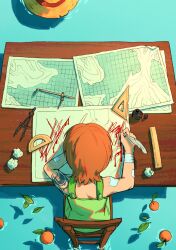 Rule 34 | 1girl, afloat, aged down, bandaid, bandaid on arm, bare shoulders, commentary, crumpled paper, desk, dress, english commentary, food, from above, from behind, fruit, full body, green dress, hat, highres, holding, holding quill, ink, leaf, mandarin orange, map, nami (one piece), one piece, orange hair, paper, quill, ruler, short hair, shoulder tattoo, sitting, sleeveless, sleeveless dress, solo, straw hat, table, tattoo, toboldlymuppet, water, wooden chair, wooden table
