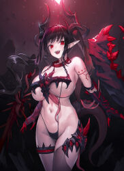 Rule 34 | 1girl, absurdres, bare shoulders, blush, body markings, breasts, chain, collar, demon girl, demon horns, demon tail, demon wings, elbow gauntlets, fang, highres, horns, huge breasts, long hair, looking at viewer, navel, open mouth, original, pointy ears, red eyes, single thighhigh, smile, solo, tail, thighhighs, thighlet, twintails, very long hair, weapon, wings, yjs0803123