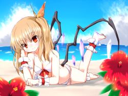 Rule 34 | 1girl, ankle cuffs, barefoot, beach, bikini, blonde hair, blue sky, blush, cloud, crystal, day, flandre scarlet, flower, full body, head tilt, leg up, long hair, looking at viewer, lying, misoshiru (meridianchild312), ocean, on stomach, outdoors, red eyes, sand, side ponytail, sky, smile, solo, swimsuit, touhou, white bikini, wings, wrist cuffs