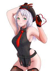 1girl absurdres arm_pouch beret blush breasts cleavage closed_mouth collared_leotard cosplay glasses gloves goddess_of_victory:_nikke green_eyes grey_hair hat highres holding holding_removed_eyewear large_breasts long_hair looking_at_viewer necktie neon_(nikke) over-rim_eyewear ramuneogura rapi_(nikke) rapi_(nikke)_(cosplay) semi-rimless_eyewear simple_background skindentation skirt sleeveless smile standing thighhighs thighs two-tone_gloves unworn_eyewear