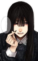Rule 34 | 1girl, black hair, collared shirt, dress, grey eyes, hair between eyes, heart, heart hands, highres, hoshi san 3, long hair, long sleeves, looking at viewer, mole, mole under eye, mole under mouth, original, parted lips, scar, shirt, simple background, solo, white background, yamifuka-san (hoshi san 3)