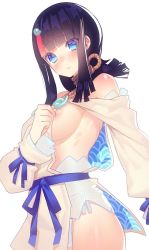 1girl bare_shoulders black_hair blue_eyes blue_ribbon blunt_bangs blush breasts closed_mouth clothes_pull dress dress_pull fate/grand_order fate/requiem fate_(series) jewelry kanjy00u large_breasts long_sleeves looking_at_viewer magatama medium_hair multicolored_hair necklace off_shoulder pink_hair puffy_long_sleeves puffy_sleeves ribbon seigaiha short_dress sideboob sideless_outfit sidelocks simple_background streaked_hair two-sided_fabric two-sided_skirt utsumi_erice white_background white_dress