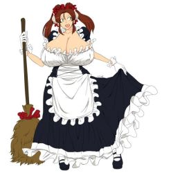 Rule 34 | 1girl, apron, breasts, broom, brown hair, cow girl, gigantic breasts, hataraki ari, horns, maid apron, open mouth, original, simple background, smile, solo, standing, sukimi, twintails, white background, yellow eyes