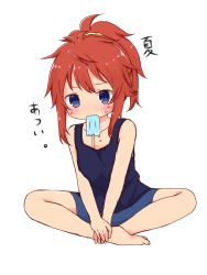 Rule 34 | 1girl, bare arms, bare shoulders, blue eyes, blue shirt, blue shorts, brown hair, collarbone, food, food in mouth, full body, hair ornament, hair scrunchie, high ponytail, indian style, koshigaya natsumi, leaning forward, long hair, looking at viewer, mouth hold, non non biyori, popsicle, scrunchie, shika (s1ka), shirt, shorts, sidelocks, simple background, sitting, solo, sweat, tank top, translated, v arms, white background, yellow scrunchie
