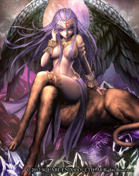 Rule 34 | 10s, 1girl, 2012, armband, breasts, centauroid, convenient censoring, convenient leg, feathered wings, full body, guardian cross, hair censor, crossed legs, long hair, monster girl, multiple legs, navel, official art, purple eyes, purple hair, raypass, sphinx, tail, taur, tiara, topless, very long hair, wings