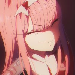 Rule 34 | 10s, 1girl, artist name, chromatic aberration, closed mouth, darling in the franxx, closed eyes, hairband, horns, iceroy, oni horns, pink hair, pink theme, red horns, simple background, smile, solo, uniform, white hairband, zero two (darling in the franxx)