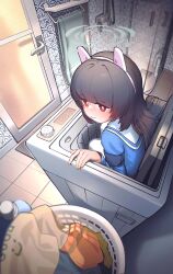 Rule 34 | 1girl, absurdres, animal ears, bathroom, black hair, blue archive, blue shirt, blunt bangs, closed mouth, cloud nine (798392138), fake animal ears, full body, halo, headband, highres, hime cut, indoors, laundry, laundry basket, long hair, long sleeves, looking at viewer, miyu (blue archive), pantyhose, pink hair, rabbit ears, shirt, shower (place), solo, tile floor, tile wall, tiles, towel, white pantyhose
