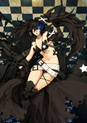 Rule 34 | 10s, 1girl, armor, bad id, bad pixiv id, belt, belt skirt, bikini, bikini top only, black hair, black rock shooter, blue eyes, chain, front-tie top, gauntlets, glowing, glowing eye, greaves, insane black rock shooter, ippus, jacket, long hair, midriff, scar, solo, star (symbol), stitches, swimsuit, twintails, uneven twintails, weapon