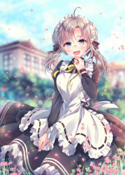 Rule 34 | 1girl, :d, ahoge, apron, black eyes, black ribbon, blurry, blurry background, bokeh, building, commentary request, day, depth of field, dress, flower ring, frilled apron, frills, glasses, grey hair, hand to own mouth, jewelry, lens flare, long sleeves, looking at viewer, maid, maid headdress, neck ribbon, nemuri nemu, open mouth, original, petals, ribbon, rimless eyewear, ring, smile, solo, twintails, white apron, yellow ribbon