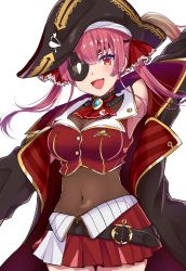 Rule 34 | 1girl, :d, bare shoulders, belt, blush, breasts, cleavage, commentary request, covered navel, eyepatch, hair ribbon, hat, highres, hololive, houshou marine, kokiri miki, leotard, leotard under clothes, long hair, looking at viewer, open mouth, pink hair, pirate hat, red eyes, ribbon, see-through, see-through cleavage, see-through leotard, skirt, smile, solo, tongue, twintails, virtual youtuber
