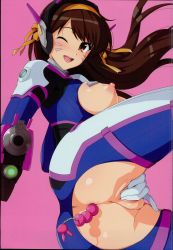 Rule 34 | 1girl, adapted costume, anal, anal beads, anal object insertion, anus, bodysuit, breasts, breasts out, brown eyes, brown hair, cosplay, crotch cutout, d.va (overwatch), d.va (overwatch) (cosplay), facial mark, female masturbation, gun, hair ornament, hair ribbon, hairband, haruhisky, headphones, highres, long hair, masturbation, nipples, object insertion, one eye closed, open mouth, overwatch, overwatch 1, pink background, pussy, ribbon, sex toy, solo, suzumiya haruhi, suzumiya haruhi no yuuutsu, uncensored, weapon, whisker markings, wink