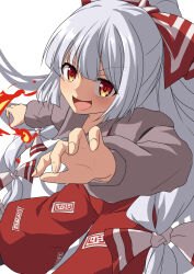 Rule 34 | 1girl, bow, collared shirt, feet out of frame, fire, fujiwara no mokou, grey hair, hair between eyes, hair bow, juliet sleeves, long hair, long sleeves, looking at viewer, open mouth, pants, puffy pants, puffy sleeves, red eyes, red pants, shirt, simple background, solo, suspenders, touhou, umarutsufuri, v-shaped eyebrows, very long hair, white background