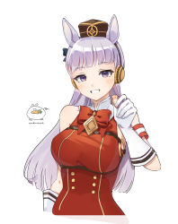 Rule 34 | 1girl, absurdres, animal ears, armband, artist logo, artist name, bare shoulders, blush, bow, bowtie, breasts, brown headwear, chest harness, commentary request, cropped torso, dress, ear covers, elbow gloves, food, gloves, gold ship (umamusume), hand up, harness, highres, holding, holding food, horse ears, large breasts, long hair, looking at viewer, open mouth, pillbox hat, purple eyes, purple hair, red bow, red dress, simple background, sleeveless, sleeveless dress, solo, teeth, umamusume, uniform, upper body, wandu mook, white background, white gloves