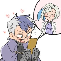 Rule 34 | 1boy, 1girl, alternate costume, alternate hairstyle, blue hair, brynhildr (fate), brynhildr (traveling outfit) (fate), cape, fate/grand order, fate/prototype, fate/prototype: fragments of blue and silver, fate (series), glasses, heart, multicolored hair, nu tarou, sigurd (fate), simple background, smile, two-tone hair, waving, white background