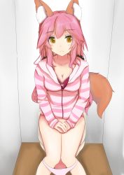 Rule 34 | 10s, 1girl, absurdres, animal ear fluff, animal ears, blush, bra, breasts, cleavage, collarbone, fang, fate/extra, fate/extra ccc, fate (series), fox ears, fox tail, highres, looking at viewer, looking away, medium breasts, official alternate costume, open clothes, open shirt, panties, pink bra, pink hair, pink panties, sitting, solo, tail, tamamo (fate), tamamo no mae (fate/extra), tamamo no mae (spring casual) (fate), toilet use, underwear, yellow eyes