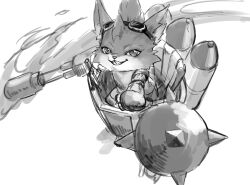 Rule 34 | 1boy, body fur, flamethrower, gloves, goggles, goggles on head, greyscale, grin, league of legends, looking at viewer, looking up, mace, mecha, monochrome, nyaamen fork, robot, rocket, rumble (league of legends), sketch, smile, spiked mace, spikes, teeth, weapon, yordle