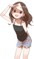Rule 34 | 1girl, :d, absurdres, arm up, bare arms, bare shoulders, black camisole, blue shorts, blush, brown eyes, brown hair, camisole, collarbone, commentary request, feet out of frame, highres, karakai jouzu no takagi-san, leaning forward, long hair, looking at viewer, official art, open mouth, parted bangs, shading eyes, short shorts, shorts, simple background, smile, solo, standing, takagi-san, white background, yamamoto souichirou