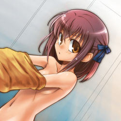 Rule 34 | 1girl, breasts, brown eyes, collarbone, gradient background, hair ornament, hair ribbon, imada kozue, looking at viewer, navel, purple hair, ribbon, small breasts, solo, two side up, undressing