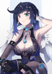 1girl aqua_eyes armpits asymmetrical_gloves bare_shoulders bead_choker beads black_hair blue_hair bob_cut bodysuit breasts cleavage diagonal_bangs dice elbow_gloves feather-trimmed_jacket feather_collar fur-trimmed_jacket fur_trim genshin_impact gloves highres jacket jacket_on_shoulders large_breasts mismatched_gloves mole mole_on_breast neck_tassel short_hair single_elbow_glove smile solo tassel_choker teruhoshi yelan_(genshin_impact)