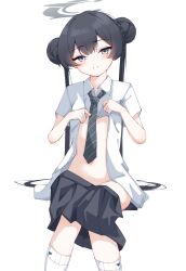 1girl absurdres black_hair black_necktie black_skirt blue_archive blush clothes_lift clothes_pull collared_shirt commentary diagonal-striped_clothes diagonal-striped_necktie double_bun grey_eyes grey_halo hair_bun halo highres kabocya_na kisaki_(blue_archive) kisaki_(school_uniform)_(blue_archive) lifting_own_clothes long_hair looking_at_viewer miniskirt necktie open_clothes open_shirt pleated_skirt school_uniform shirt shirt_lift short_sleeves simple_background sitting skirt skirt_pull smile socks solo striped_clothes teeth twintails white_background white_shirt white_socks