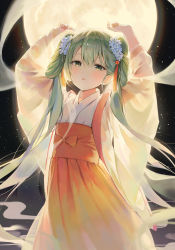 Rule 34 | 1girl, absurdres, backlighting, black background, blue flower, chinese clothes, chuushuu meigetsu miku, cowboy shot, eso (toory), flower, full moon, green eyes, green hair, hagoromo, hair flower, hair ornament, hands up, hatsune miku, highres, long hair, looking at viewer, moon, night, night sky, parted lips, red skirt, robe, shawl, skirt, sky, solo, standing, star (sky), tassel, twintails, very long hair, vocaloid, white robe, wide sleeves