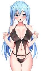 Rule 34 | 1girl, babydoll, baretto (karasi07), blue eyes, blue hair, blush, breasts, cowboy shot, groin, halterneck, hatsune miku, highres, long hair, looking at viewer, navel, nipples, open mouth, panties, see-through, simple background, solo, thighs, twintails, underwear, underwear only, very long hair, vocaloid, white background
