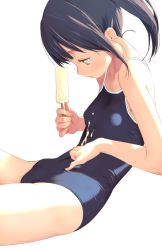 Rule 34 | 1girl, bare arms, bare shoulders, black hair, black one-piece swimsuit, breasts, brown eyes, closed mouth, collarbone, commentary request, competition school swimsuit, covered navel, food, from side, holding, holding food, ice cream, long hair, one-piece swimsuit, original, popsicle, profile, school swimsuit, senjitsu musou, sexually suggestive, side ponytail, sidelocks, simple background, sitting, small breasts, solo, swimsuit, white background