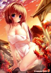 Rule 34 | 1girl, absurdres, autumn, autumn leaves, blush, breasts, brown hair, bucket, cleavage, collarbone, covering breasts, covering privates, dutch angle, hair intakes, highres, huge breasts, large breasts, leaf, leg up, light smile, long hair, maple leaf, naked towel, nude, nude cover, onsen, purple eyes, sky, smile, solo, steam, sunset, syroh, towel, wet, wooden bucket
